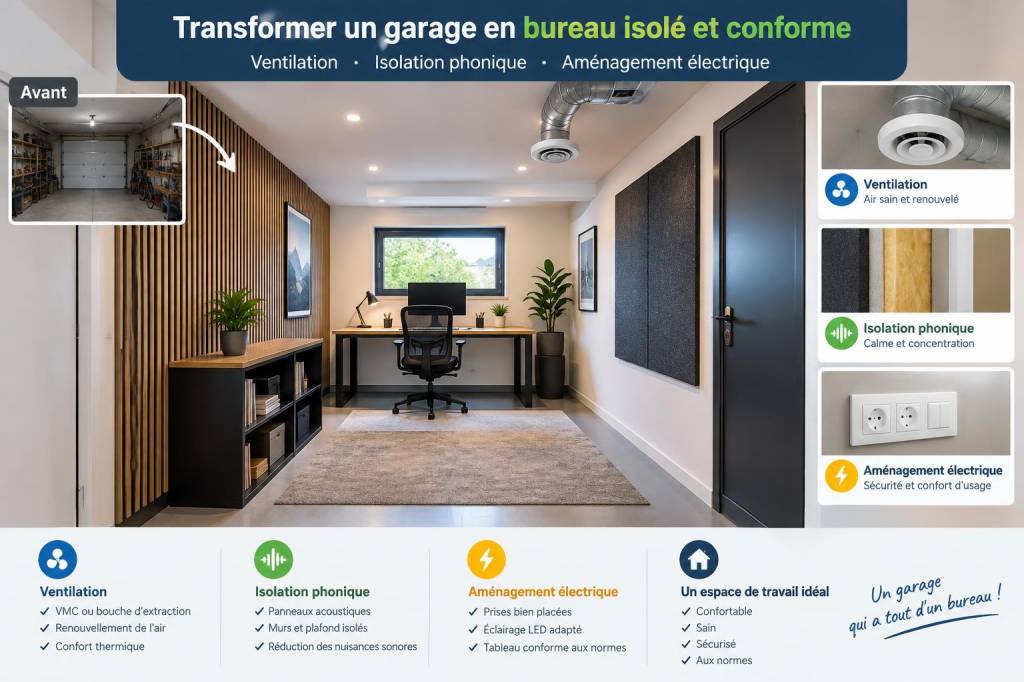 Transformer un garage en bureau isolé et conforme : ventilation, isolation phonique et aménagement électrique